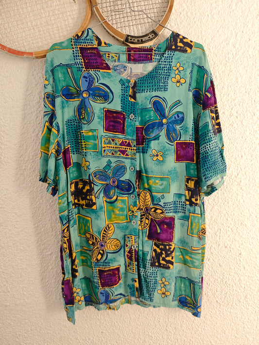 Chemise fleurs abstrait turquoise