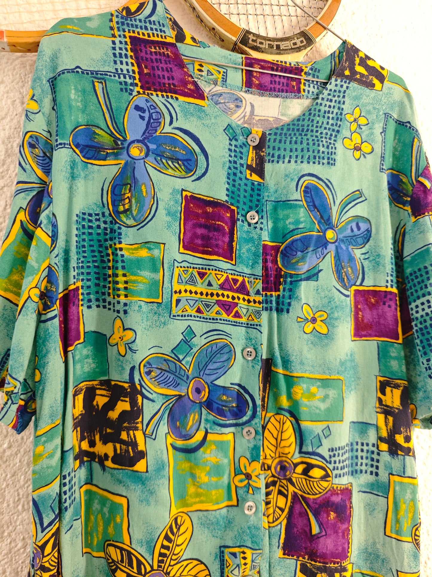 Chemise fleurs abstrait turquoise