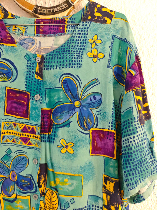 Chemise fleurs abstrait turquoise