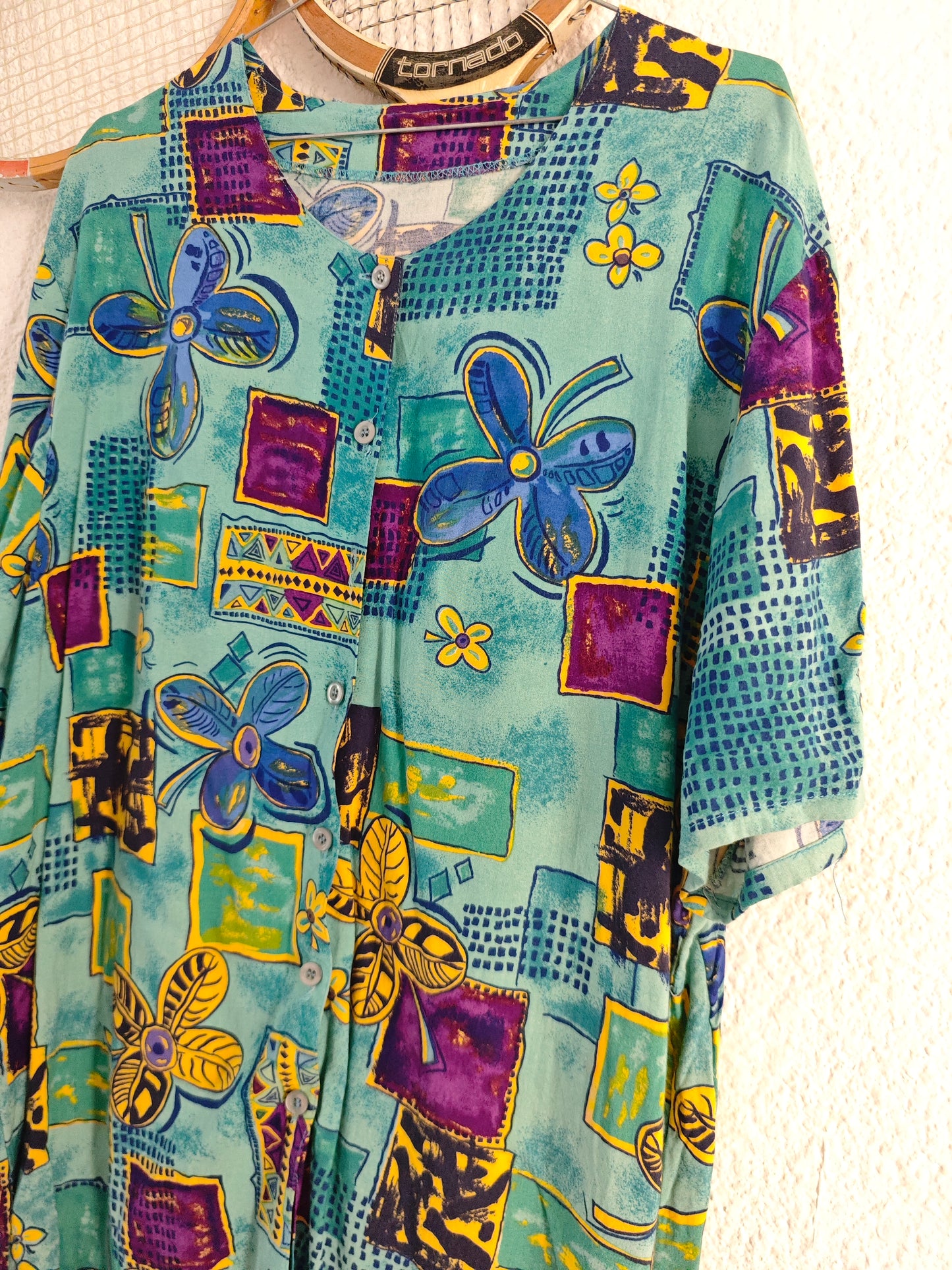 Chemise fleurs abstrait turquoise